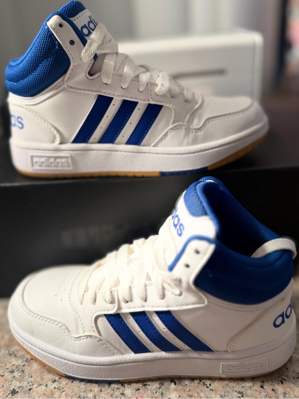 adidas Kids White and Blue High-Top Sneakers